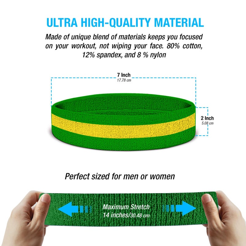 Suddora Striped Sweatband Set, Moisture Wicking 2 Wristbands and 1 Headband, Breathable Athletic Sweat Bands for Sports, Costumes & Cosplay, Matching Bands to Wear with Jersey, Green Yellow Green - Image 1